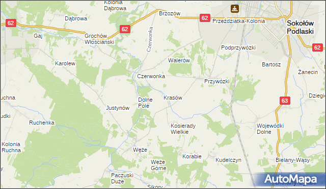 mapa Krasów gmina Sokołów Podlaski, Krasów gmina Sokołów Podlaski na mapie Targeo