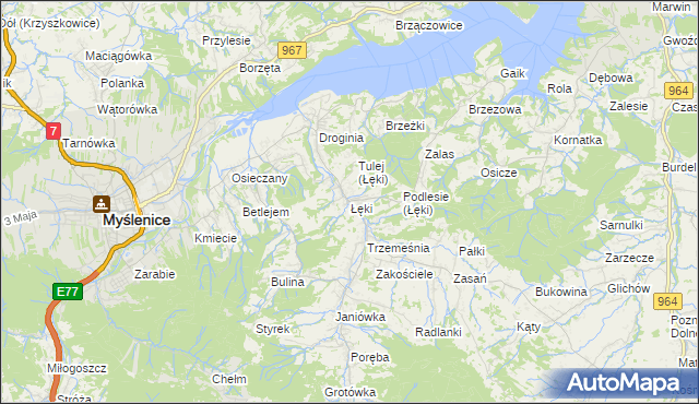 mapa Łęki gmina Myślenice, Łęki gmina Myślenice na mapie Targeo