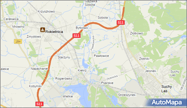 mapa Pawłowice gmina Rokietnica, Pawłowice gmina Rokietnica na mapie Targeo