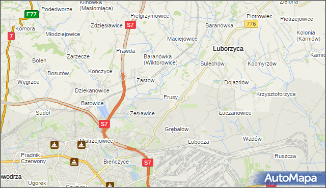 mapa Prusy gmina Kocmyrzów-Luborzyca, Prusy gmina Kocmyrzów-Luborzyca na mapie Targeo