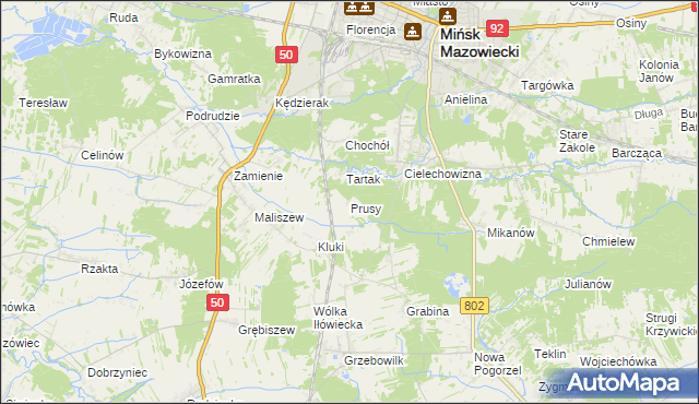 mapa Prusy gmina Mińsk Mazowiecki, Prusy gmina Mińsk Mazowiecki na mapie Targeo