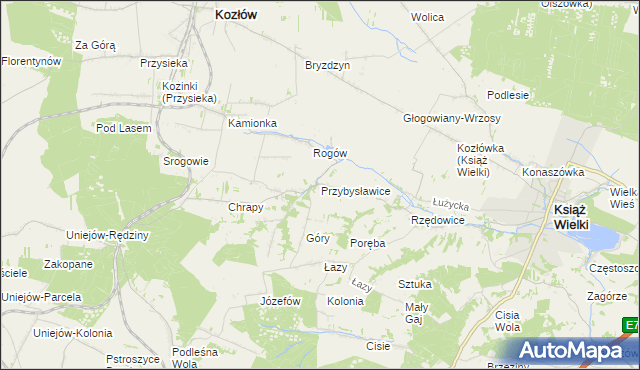 mapa Przybysławice gmina Kozłów, Przybysławice gmina Kozłów na mapie Targeo