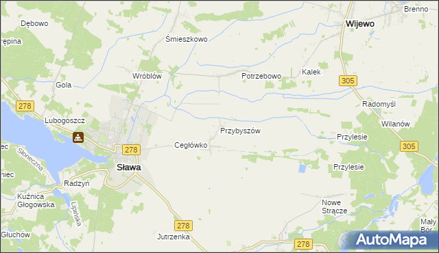 mapa Przybyszów gmina Sława, Przybyszów gmina Sława na mapie Targeo