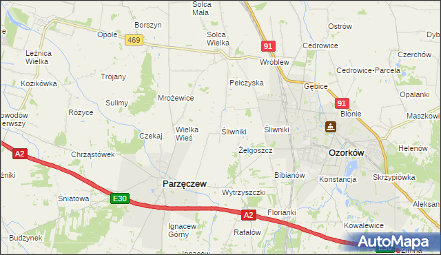 mapa Śliwniki gmina Parzęczew, Śliwniki gmina Parzęczew na mapie Targeo