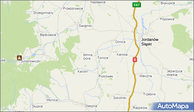 mapa Tomice gmina Jordanów Śląski, Tomice gmina Jordanów Śląski na mapie Targeo