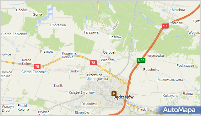 mapa Wilanów gmina Jędrzejów, Wilanów gmina Jędrzejów na mapie Targeo