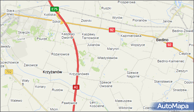 mapa Władysławów gmina Krzyżanów, Władysławów gmina Krzyżanów na mapie Targeo