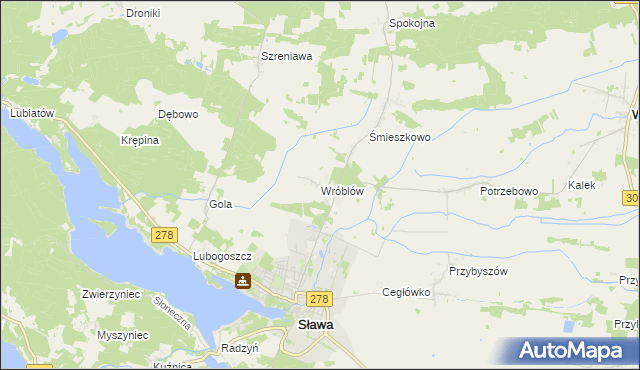 mapa Wróblów gmina Sława, Wróblów gmina Sława na mapie Targeo