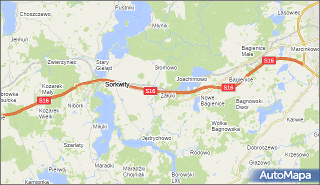 mapa Załuki gmina Sorkwity, Załuki gmina Sorkwity na mapie Targeo