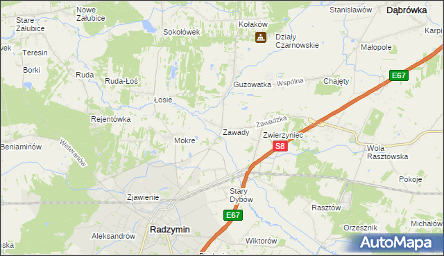 mapa Zawady gmina Radzymin, Zawady gmina Radzymin na mapie Targeo