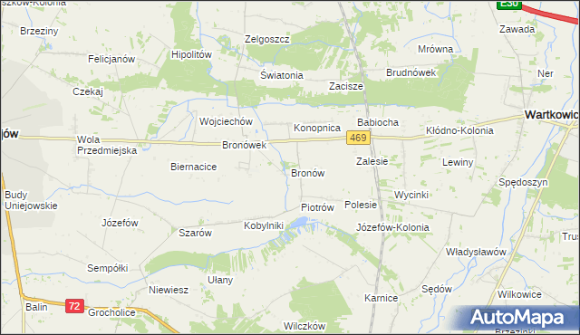 mapa Bronów gmina Wartkowice, Bronów gmina Wartkowice na mapie Targeo