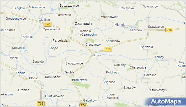 mapa Krzyż gmina Czarnocin, Krzyż gmina Czarnocin na mapie Targeo