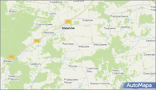 mapa Miłaczew gmina Malanów, Miłaczew gmina Malanów na mapie Targeo
