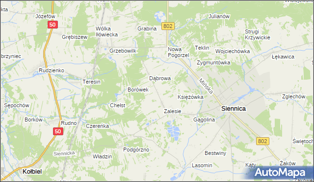 mapa Nowe Zalesie gmina Siennica, Nowe Zalesie gmina Siennica na mapie Targeo