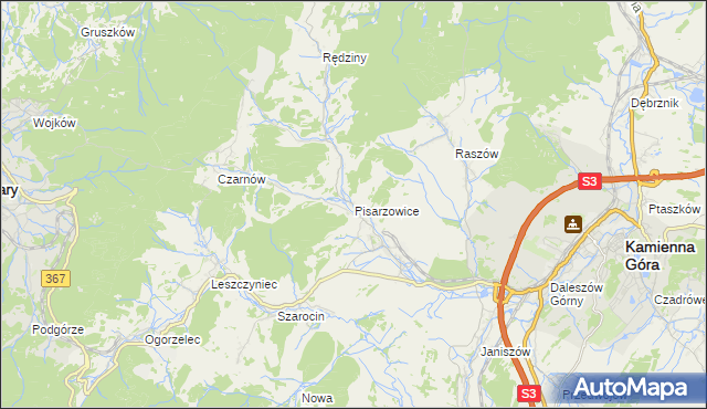 mapa Pisarzowice gmina Kamienna Góra, Pisarzowice gmina Kamienna Góra na mapie Targeo