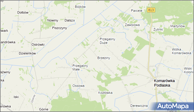 mapa Brzeziny gmina Komarówka Podlaska, Brzeziny gmina Komarówka Podlaska na mapie Targeo