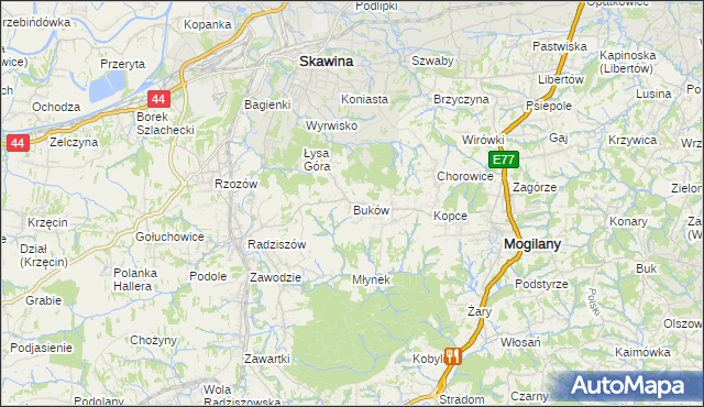 mapa Buków gmina Mogilany, Buków gmina Mogilany na mapie Targeo