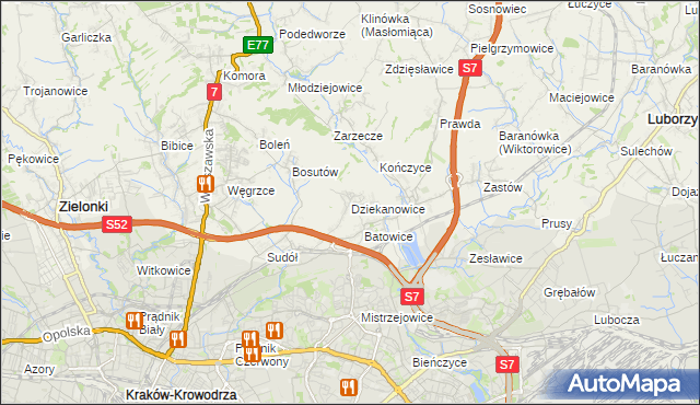 mapa Dziekanowice gmina Zielonki, Dziekanowice gmina Zielonki na mapie Targeo
