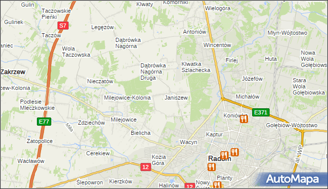 mapa Janiszew gmina Zakrzew, Janiszew gmina Zakrzew na mapie Targeo