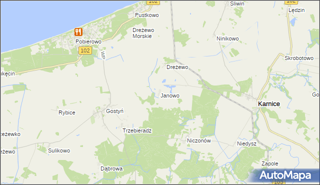 mapa Janowo gmina Karnice, Janowo gmina Karnice na mapie Targeo