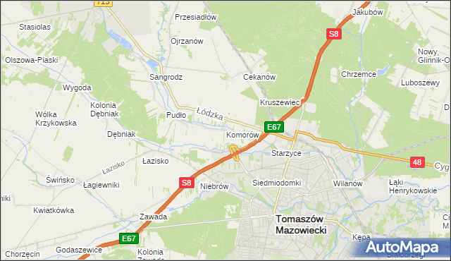 mapa Komorów gmina Tomaszów Mazowiecki, Komorów gmina Tomaszów Mazowiecki na mapie Targeo