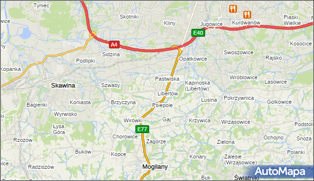 mapa Libertów gmina Mogilany, Libertów gmina Mogilany na mapie Targeo