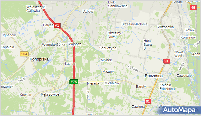 mapa Młynek gmina Poczesna, Młynek gmina Poczesna na mapie Targeo