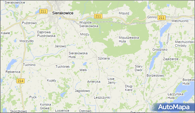 mapa Szklana gmina Sierakowice, Szklana gmina Sierakowice na mapie Targeo