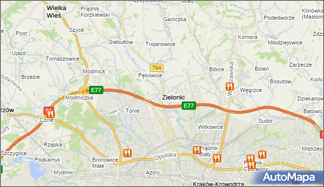 mapa Zielonki powiat krakowski, Zielonki powiat krakowski na mapie Targeo