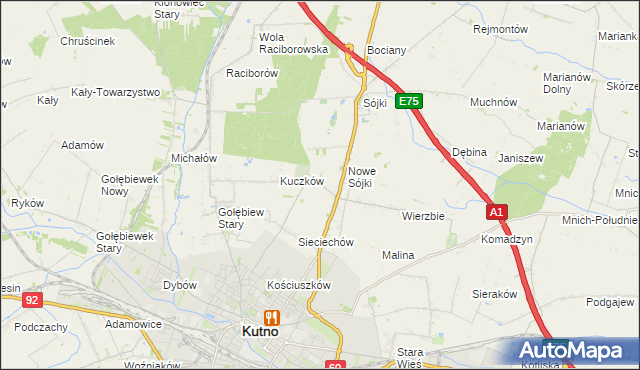 mapa Żurawieniec gmina Kutno, Żurawieniec gmina Kutno na mapie Targeo