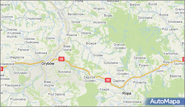 mapa Gródek gmina Grybów, Gródek gmina Grybów na mapie Targeo