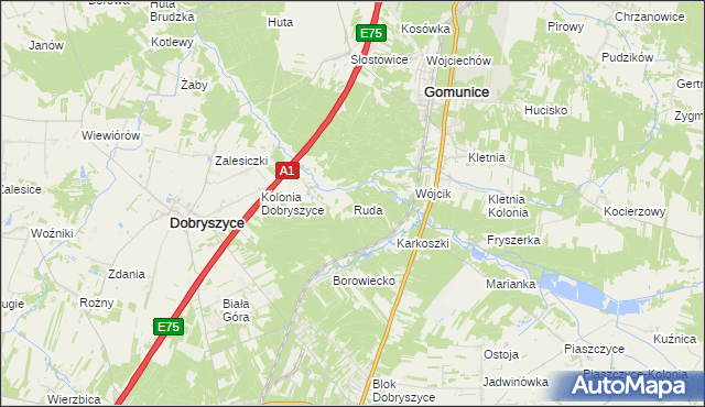 mapa Ruda gmina Dobryszyce, Ruda gmina Dobryszyce na mapie Targeo