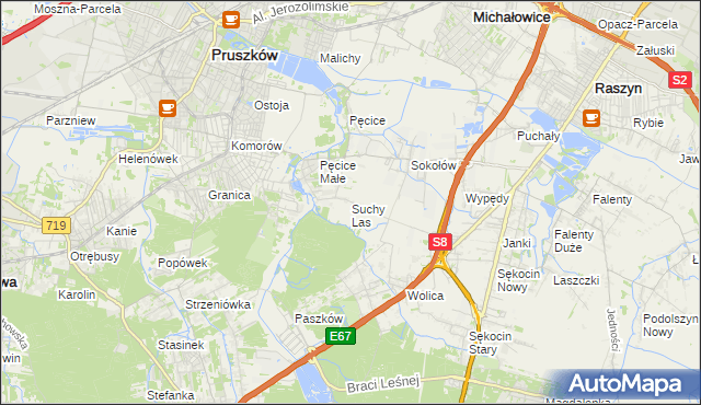 mapa Suchy Las gmina Michałowice, Suchy Las gmina Michałowice na mapie Targeo