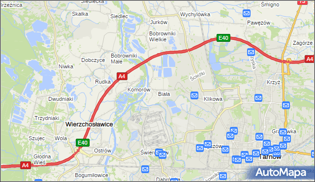 mapa Biała gmina Tarnów, Biała gmina Tarnów na mapie Targeo