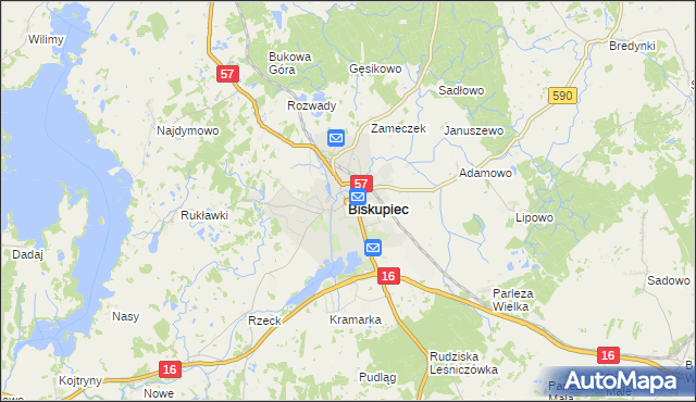 mapa Biskupiec powiat olsztyński, Biskupiec powiat olsztyński na mapie Targeo