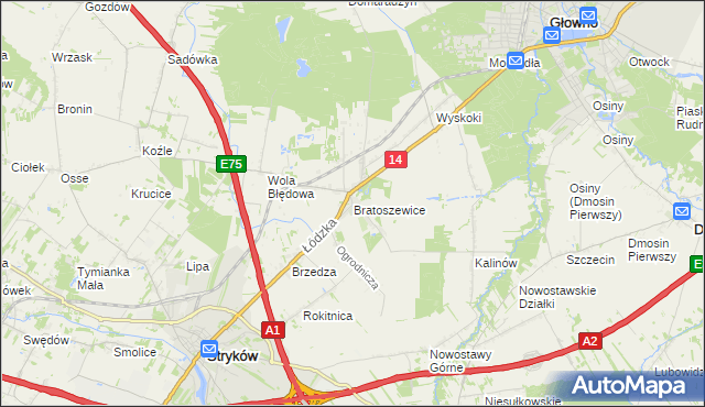 mapa Bratoszewice, Bratoszewice na mapie Targeo