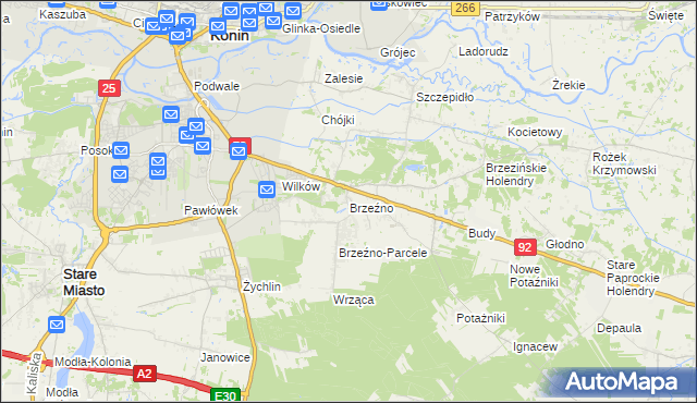 mapa Brzeźno gmina Krzymów, Brzeźno gmina Krzymów na mapie Targeo