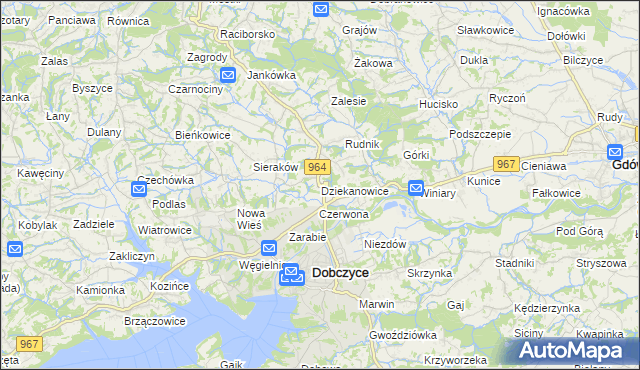 mapa Dziekanowice gmina Dobczyce, Dziekanowice gmina Dobczyce na mapie Targeo