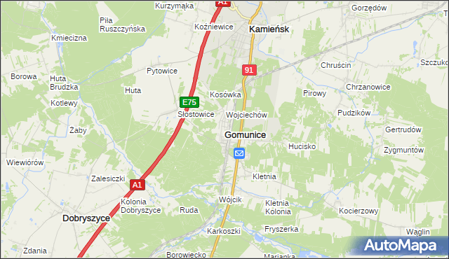 mapa Gomunice, Gomunice na mapie Targeo