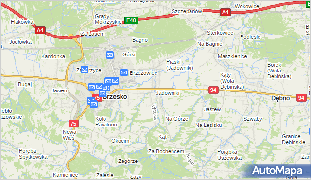 mapa Jadowniki gmina Brzesko, Jadowniki gmina Brzesko na mapie Targeo