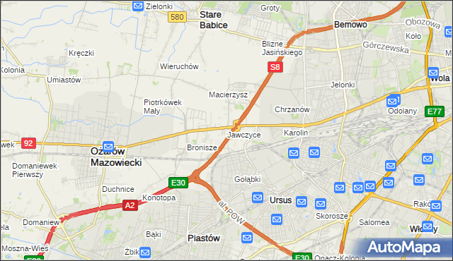 mapa Jawczyce gmina Ożarów Mazowiecki, Jawczyce gmina Ożarów Mazowiecki na mapie Targeo