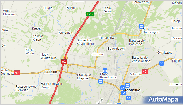 mapa Józefów gmina Ładzice, Józefów gmina Ładzice na mapie Targeo