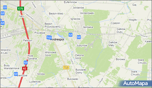 mapa Justynów gmina Andrespol, Justynów gmina Andrespol na mapie Targeo
