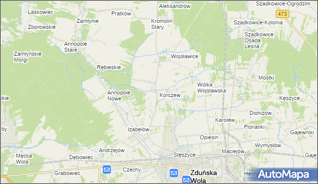 mapa Korczew gmina Zduńska Wola, Korczew gmina Zduńska Wola na mapie Targeo