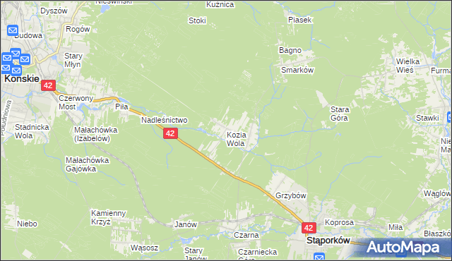 mapa Kozia Wola gmina Stąporków, Kozia Wola gmina Stąporków na mapie Targeo