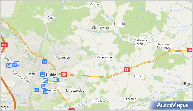 mapa Księginice gmina Lubin, Księginice gmina Lubin na mapie Targeo