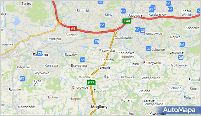 mapa Libertów gmina Mogilany, Libertów gmina Mogilany na mapie Targeo