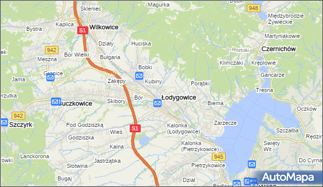 mapa Łodygowice powiat żywiecki, Łodygowice powiat żywiecki na mapie Targeo