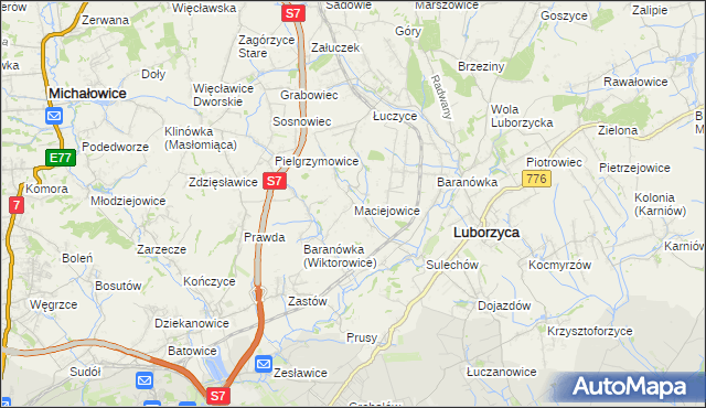 mapa Maciejowice gmina Kocmyrzów-Luborzyca, Maciejowice gmina Kocmyrzów-Luborzyca na mapie Targeo