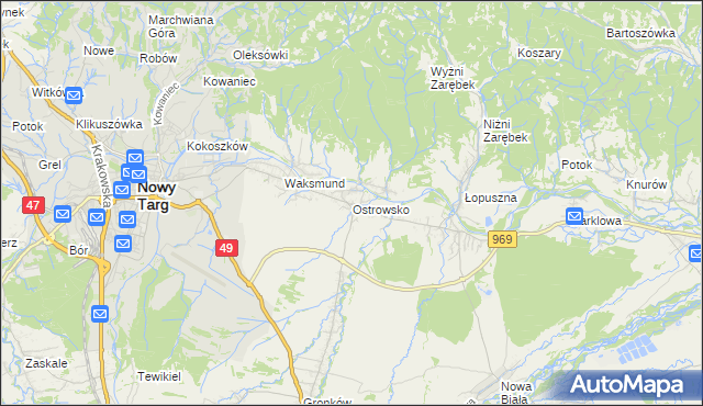 mapa Ostrowsko gmina Nowy Targ, Ostrowsko gmina Nowy Targ na mapie Targeo